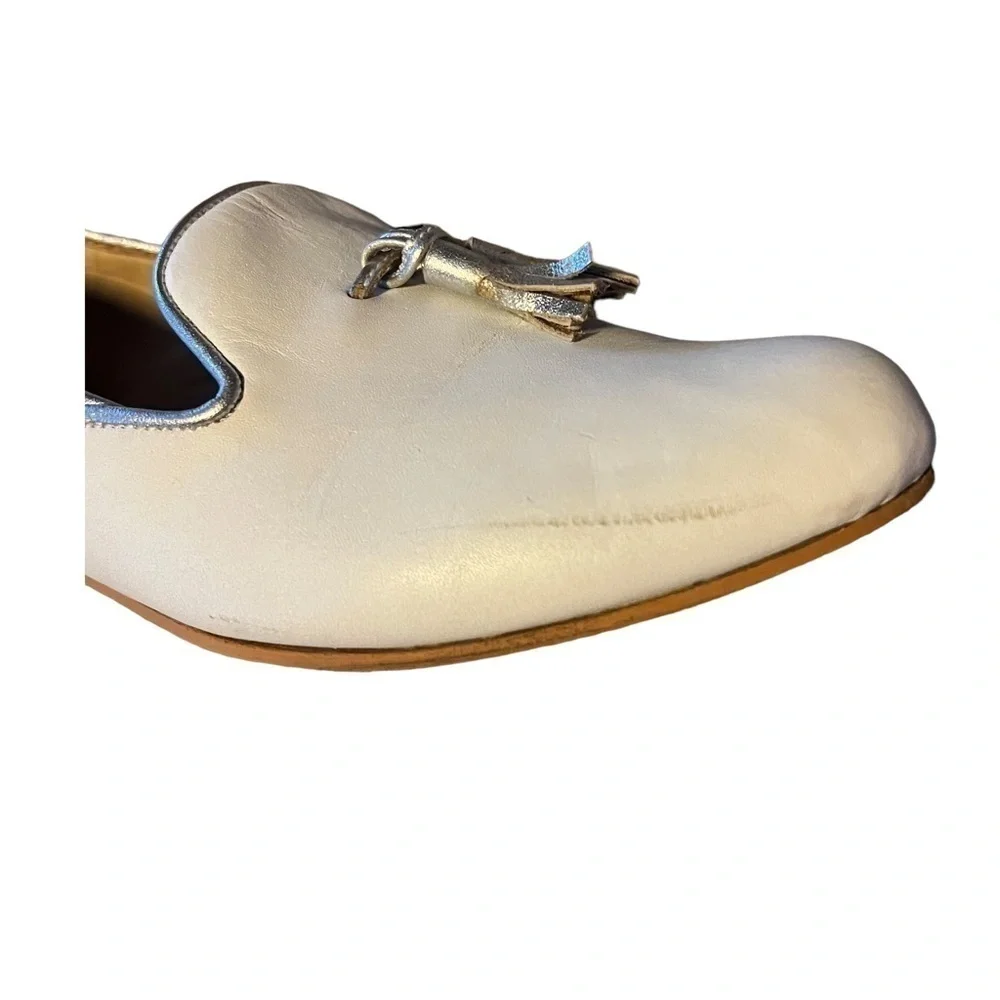 Telma White Leather Loafers Animal Print Silver Heel
